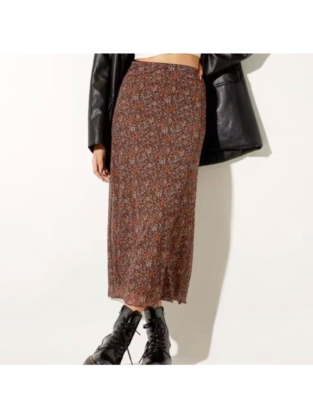 NEW Fairy Grunge Y2K Floral Mesh Midi Skirt Sz M Brown Stretch Pull-On 90s - Picture 7 of 7